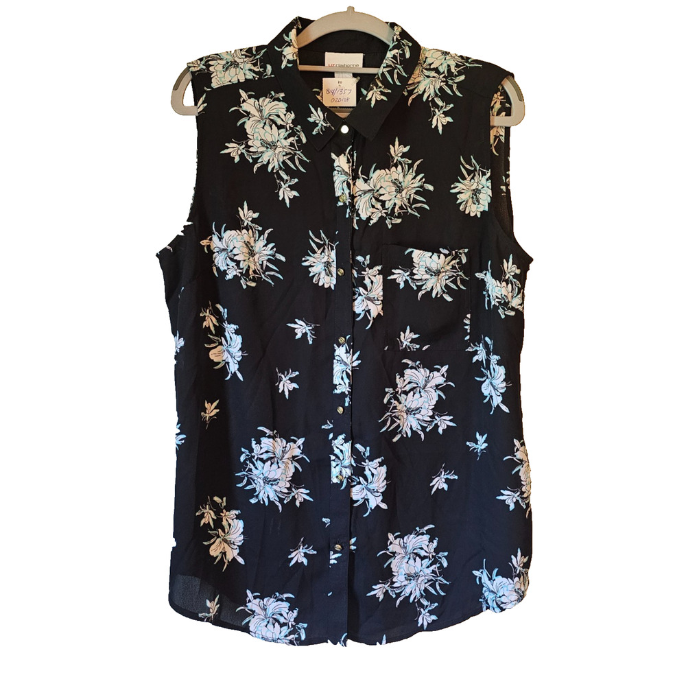 Liz Claiborne Floral Blouse Womens Large Sleeveless Button Up Black NWOT